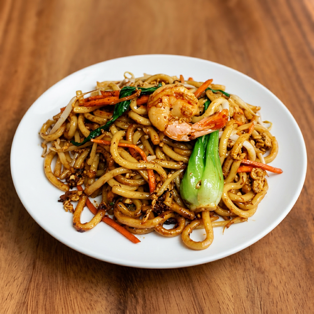 Stir Fried Udon Noodles in Soya Sauce.